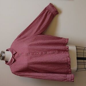 Buykud Tan & Red Seersucker Top Ruffle Hem & Cuff XXXL